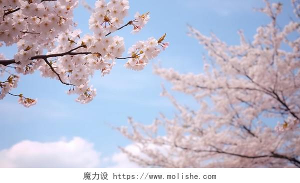 蓝天下白色的樱花盛开的樱花特写镜头浪漫风景唯美壁纸